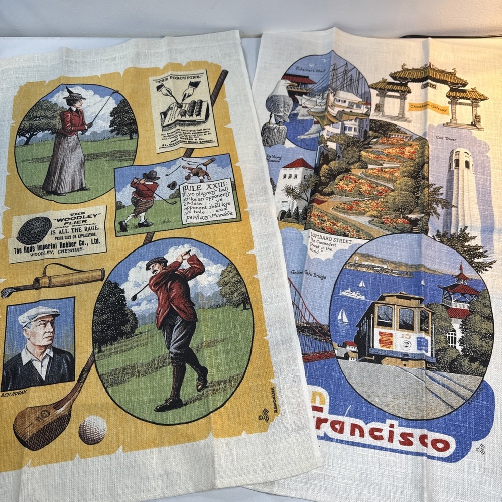 Vtg Lot 2 Souvenir Tea Towel New Golf San Francisco Collectible Kitchen